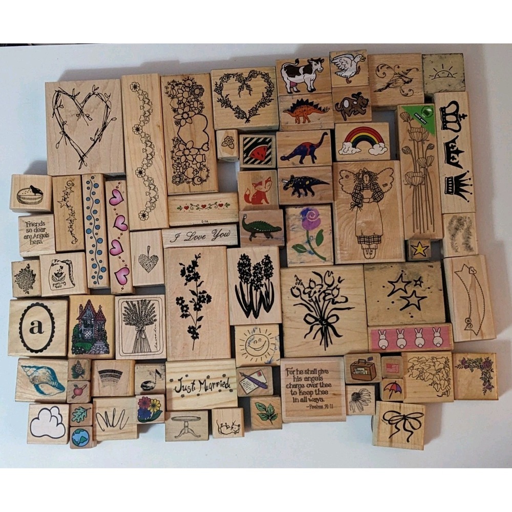 LOT OF 65+ Wood Rubber Ink Stamps Assorted Scrapbooking Cards Teachers READ - Picture 2 of 5